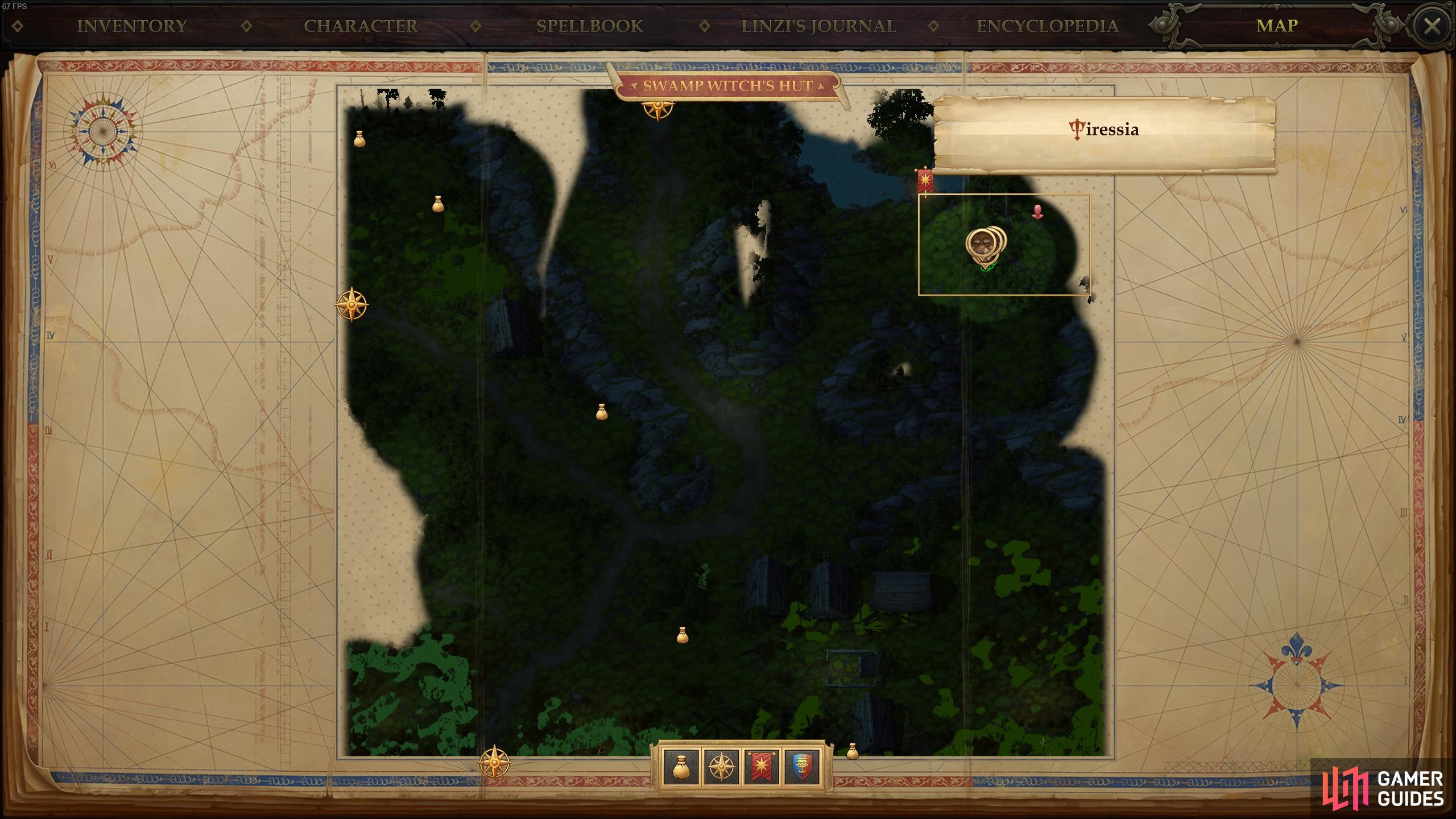 The location of the bushes in Swamp Witch&rsquo;s Hut, where you&rsquo;ll find the [Athletics] check.