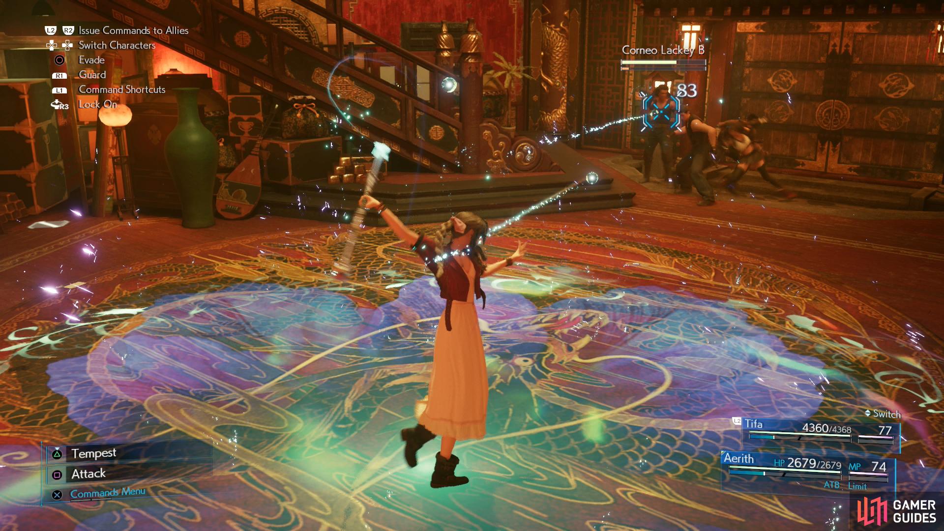 After some scenes you&rsquo;ll be able to head downstairs with Tifa and Aerith. Defeat three Corneo Lackeys,