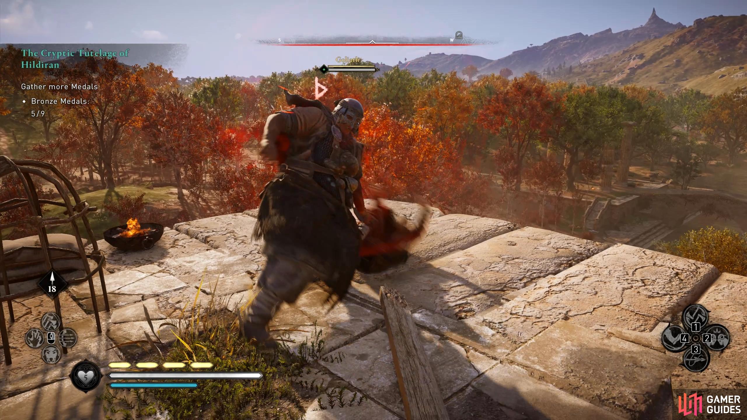 You&rsquo;ll need to wait for the Goliath to grab you and then throw you off the top of the tower.