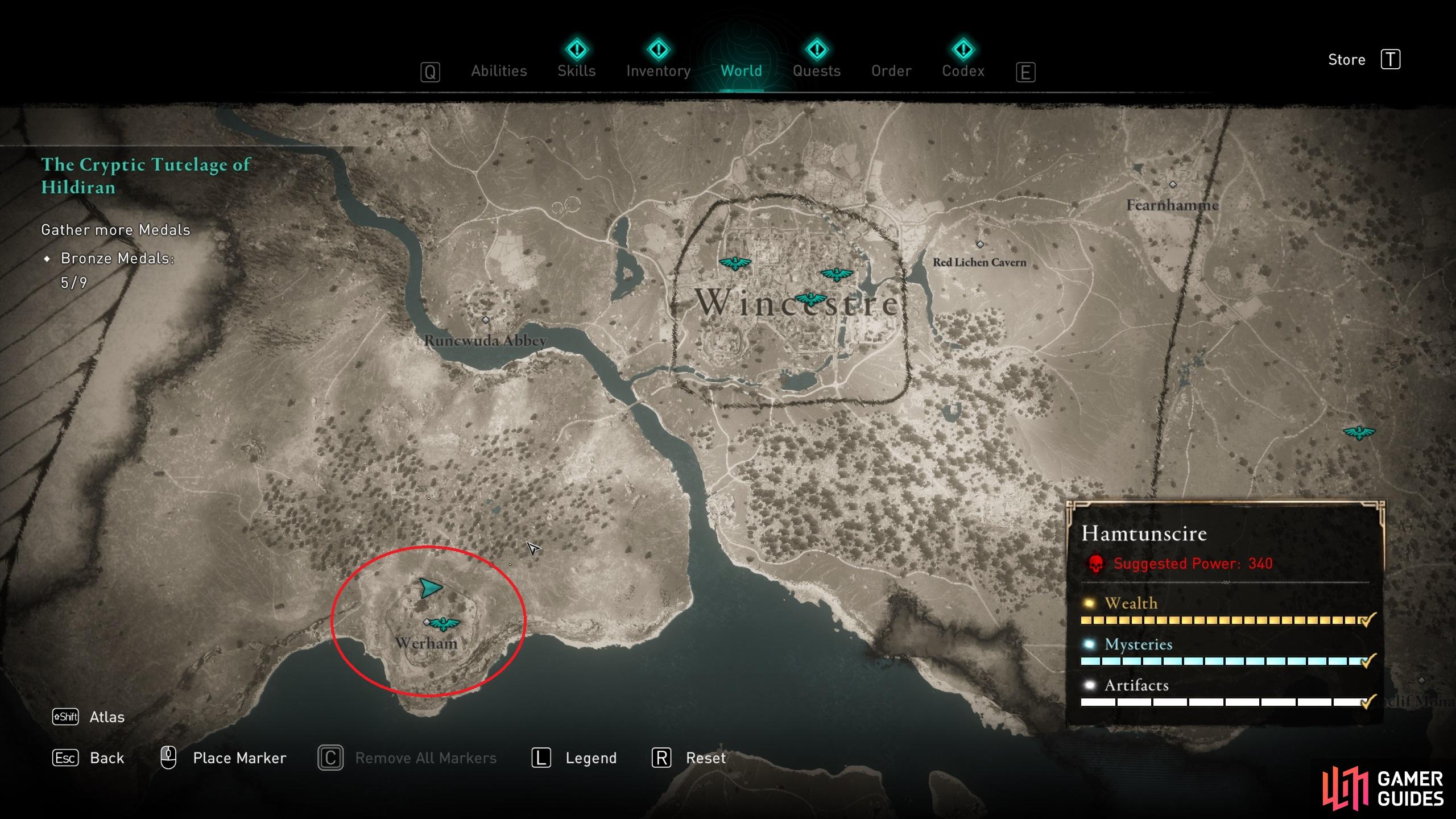 The location of Werham, southwest of Wincestre, where you&rsquo;ll find Standard Bearers.