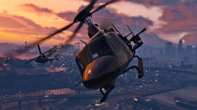 Helicopters fighting at sunset