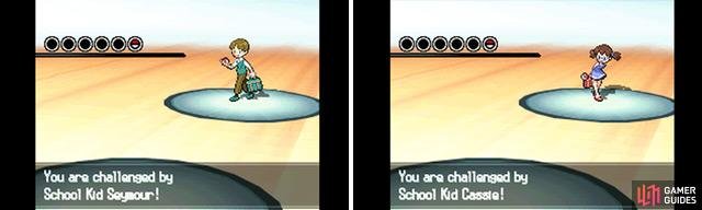 The first school kid will use a Pokemon weak to your starter, while the second has a Pokemon that&rsquo;s strong.