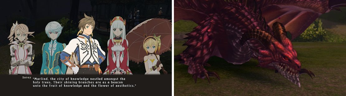 There&rsquo;s a skit at the save in middle of town that you can watch (left) before encountering the Drake (right).