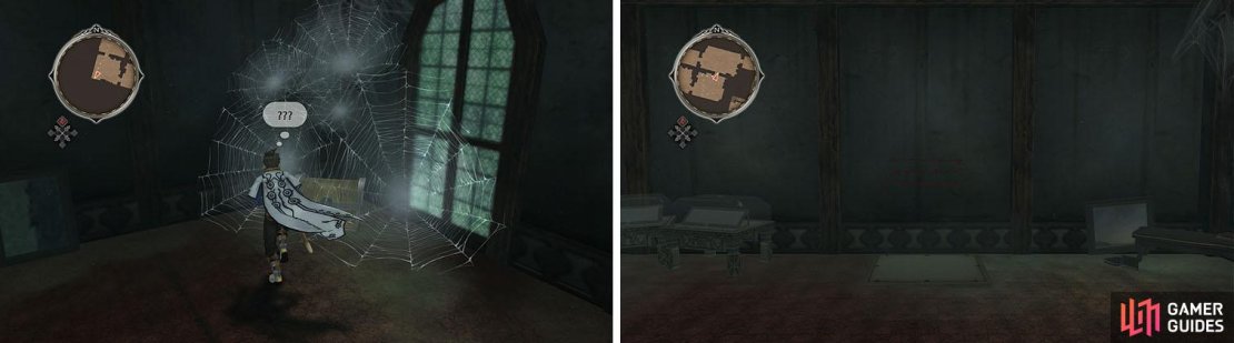 Some chests must be freed from the cobwebs with Sorey&rsquo;s map action (left). When you exit the second room a painting will drop to reveal a sinister poem (right).