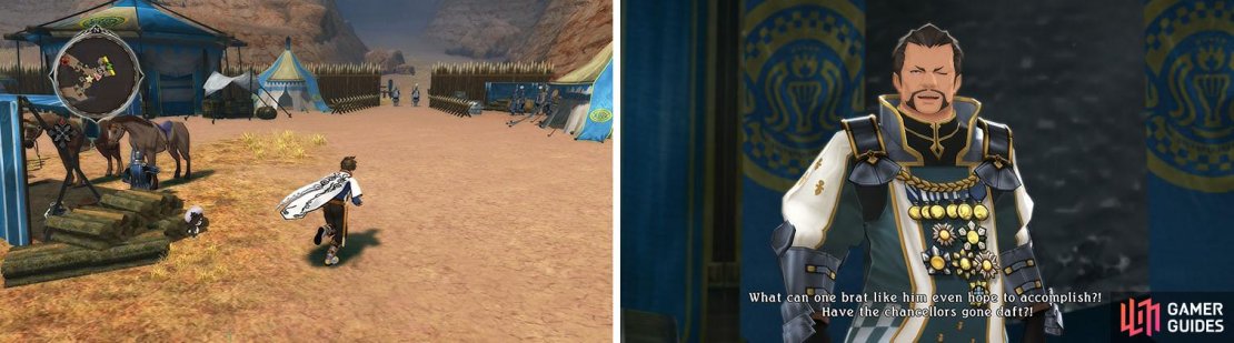 Don&rsquo;t miss Rangus by the logs (left) before heading to the comman tent (right).