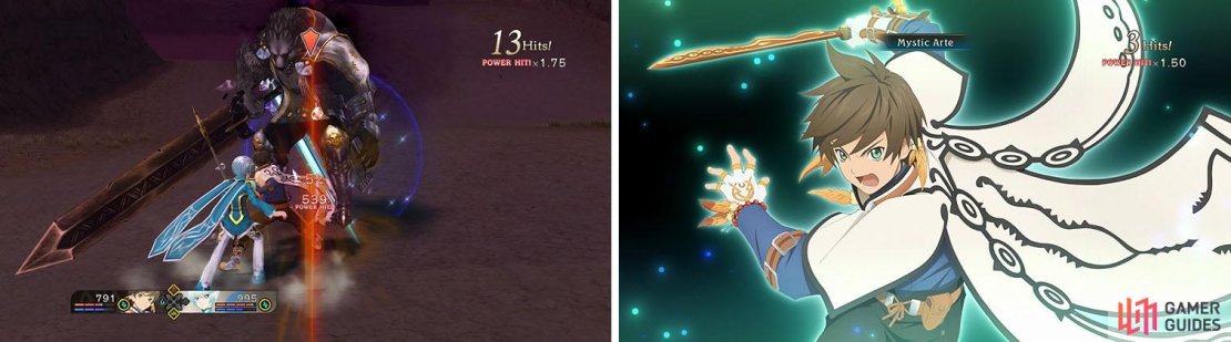 Use Sorey&rsquo;s martial artes to dwindle Landon&rsquo;s health (left) until you unlock the Mystic Arte tutorial (right).