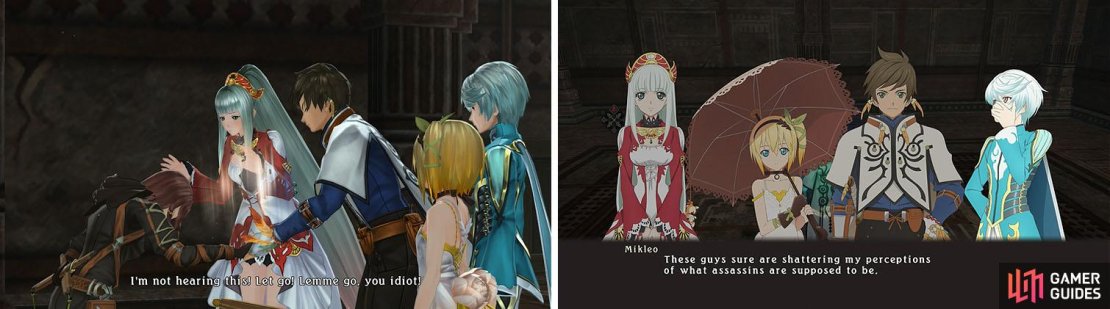 Rose isn&rsquo;t too fond of the seraphim (left), but after the scene you can talk about the assassin group at the save (right).