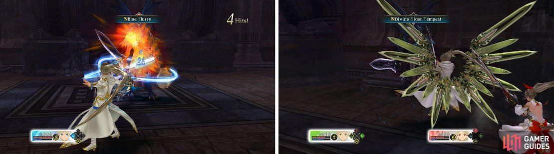 You&rsquo;ll need to distract the Dragonewt with Mikleo in the first two fights (left) until Dezel and Rose join the group (right).