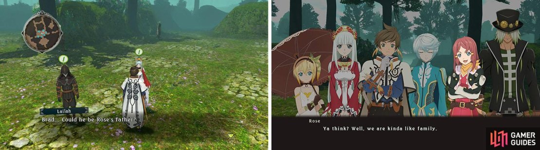Speak with everyone while Rose checks out the new Scattered Bones hideout (left). When Rose returns you&rsquo;ll automatically trigger a skit (right).
