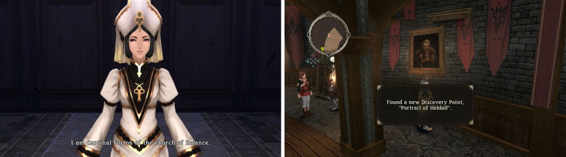 After meeting Cardinal Forton (left) you&rsquo;ll need to return the Knight&rsquo;s Tower for a scene. Make sure to check the portrait again for a discovery and skit (right).