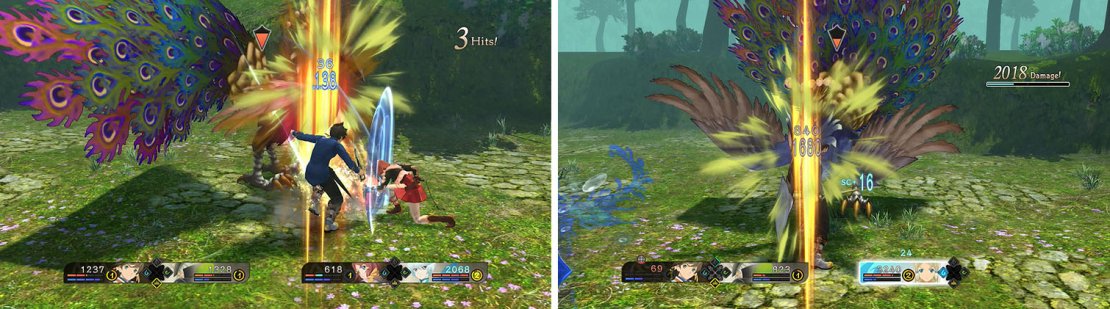 Use Sorey&rsquo;s martial artes on the Peacock (left), but be careful of its fast and dangerous attacks (right).