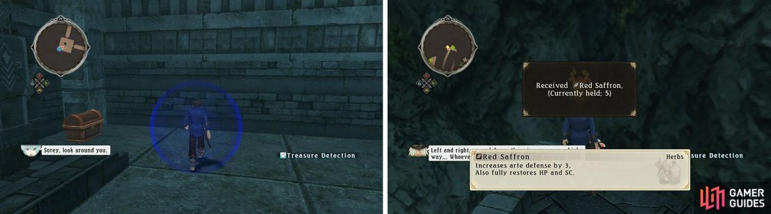 You&rsquo;ll need to circle around the south side of the statue to reach the Feldspar Staff (left). Exit to the north and head down the ramp for an herb (right).