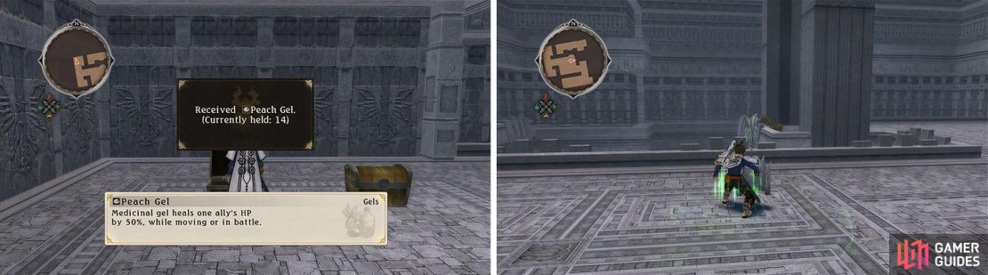 After grabbing both of the chests behind the gate (left) you&rsquo;ll want to backtrack to lower the gate with the windmill to the east (right).