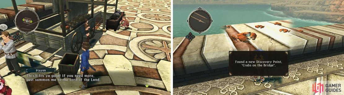 Don&rsquo;t miss the Normin hiding in the crate on the center of the bridge (left). In the next area, check the south side of the bridge for a fun discovery (right).