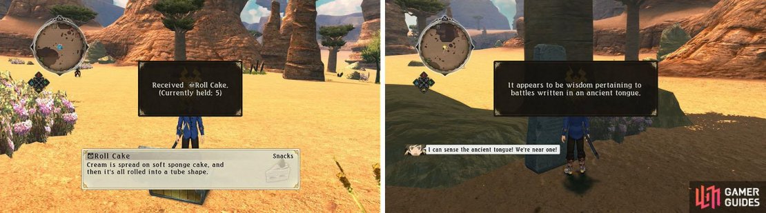There&rsquo;s a chest hidden among the flowers to grab (left) and just north of that is a Monolith (right).