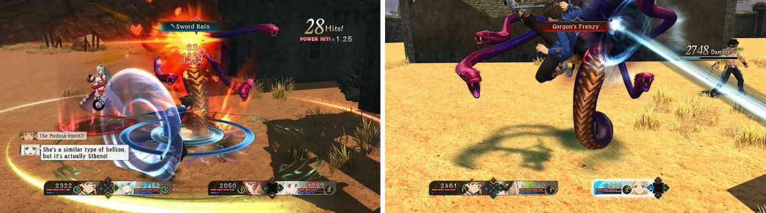 Use Sorey&rsquo;s artes to exploit Stheno&rsquo;s category weakness (left), but be careful of Gorgon&rsquo;s Gaze when she reaches low health (right).
