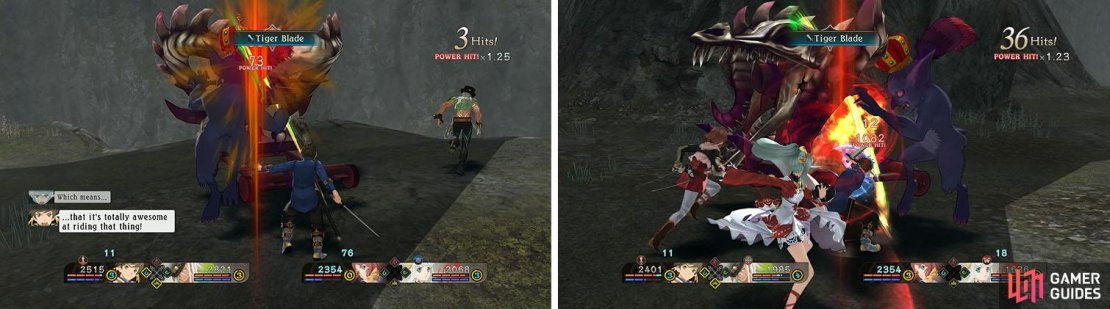 Focus on the Goblin Lord while your allies take out the smaller minions (left). Once they are dead, exploit the boss&rsquo; weakness to quickly end the fight (right).