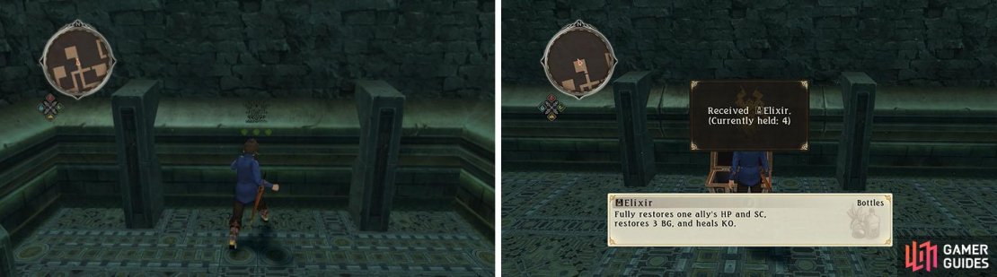 Remove the wall with Giant&rsquo;s Strength to reach a chest with an Elixir.