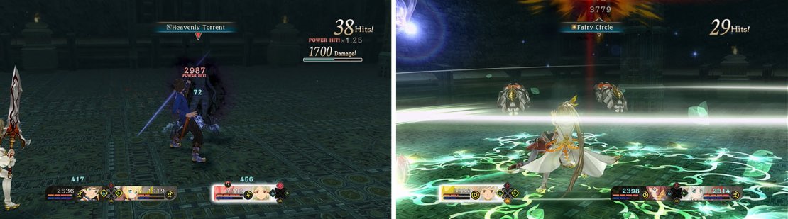 Focus on attacking the Naught&rsquo;s weakness (left) and back up to heal with the Blast Gauge if needed (right).