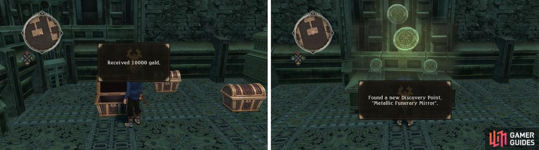 With the Gold Key you can now collect all the gold chests to the south of the save (left). Don&rsquo;t miss the discovery and skit as well (right).