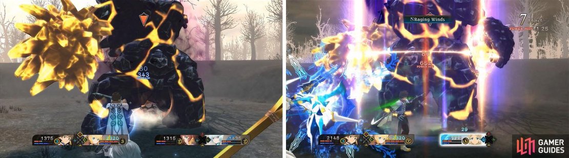 The majority of the Titan&rsquo;s attacks are very slow and easy to block (left), so avoid them if possible while chaining your Power Hits together (right).