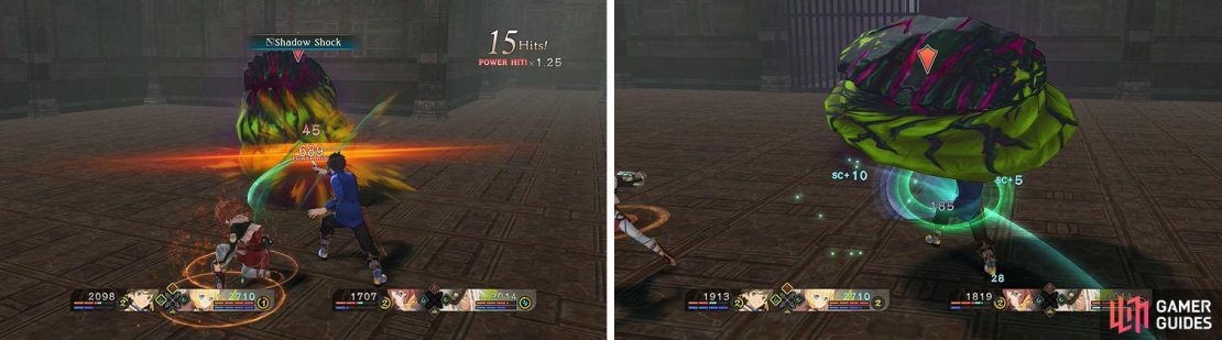 Use Shadow Shock at the start of your combos to do max damage in your combo (left) while watching out for the slime&rsquo;s spin attack (right).