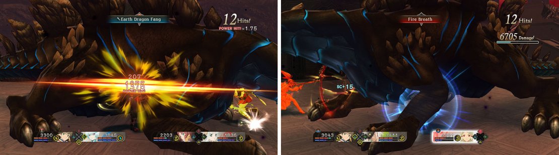 Attack the dragon&rsquo;s side with Earth Dragon Fang or by armatizing with Edna (left) and avoid his Fire Breath attack (right).