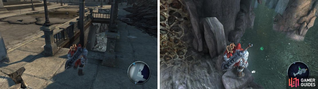 Find the subway stairs (left). Inside you&rsquo;ll find a Blue Soul Chest and an Artefact (right).