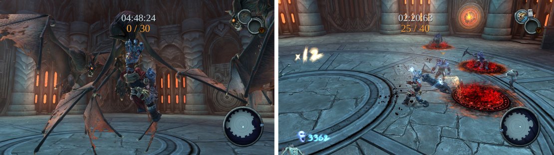 If you can chain together 5 duskwing finisher kills in Challenge 3 you&rsquo;ll earn an achievement/trophy (left). You&rsquo;ll face an array of enemies during Challenge 4 (right).