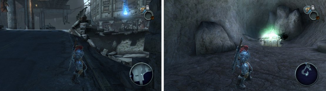 Upon entering the Broken Stair go through the destroyed wall (left) to find an Artefact. The water in Vulgrim&rsquo;s location has a tunnel leading to a Life Stone Shard (right).