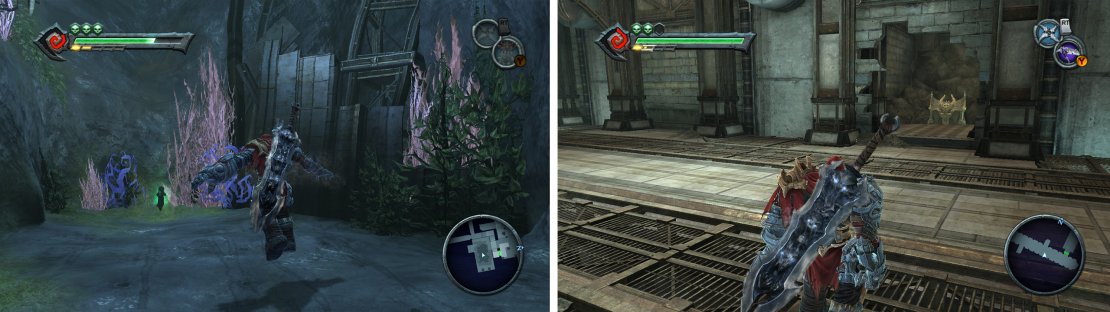 There&rsquo;s an Artefact at the bottom of the first pool of water (left). Clear the next tunnel, look in the alcove where the dragon came from for a piece of Abyssal Armour (right).