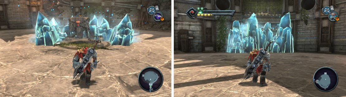 Grab the Tremor Gauntlet from the chest (left). Once you have killed all the bad guys, destroy the blue crystals (right) and climb up for a Beholder&rsquo;s Key.