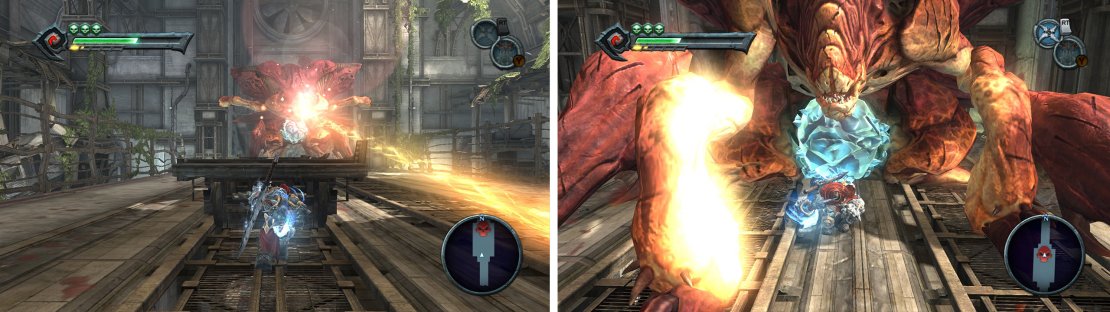 The train car can be used to both protect you from the laser attack (left) as well as stun the boss. Destroy the crystal on the boss&rsquo;s chest (right) and then attack its weak spot.