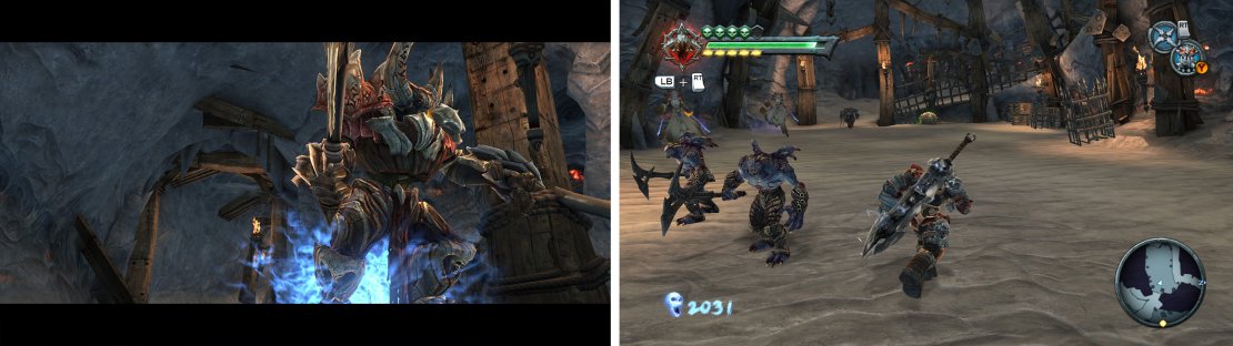 We&rsquo;ll meet our first Minotaur here (left). Once all the enemies are eliminated, climb the ramp (right).