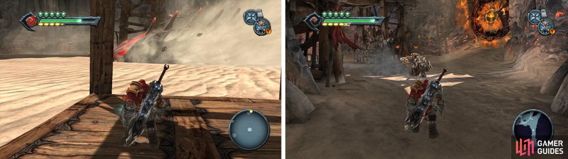 Wait for the Ash Worm to patrol away before moving between shelters (left). Upon reaching the far side, you&rsquo;ll need to fight through enemies again (right).