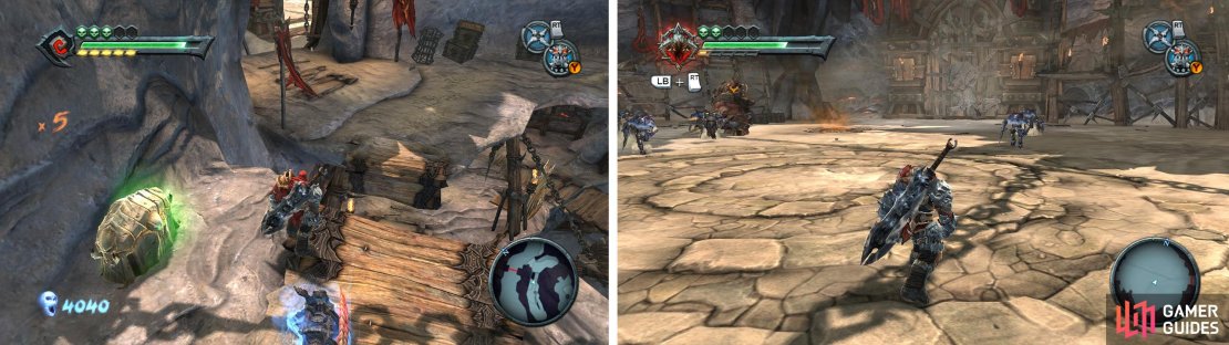 Hop across the gap (left) to enter an Arena area where you&rsquo;ll need to fight enemies (right).