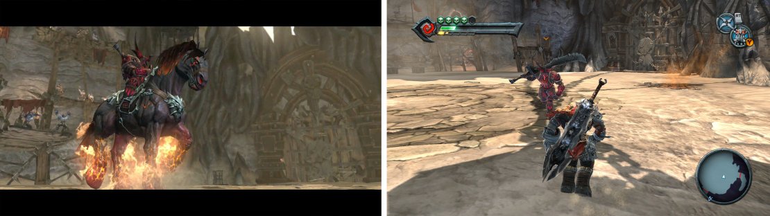 During the first phase, the Arena master will attack from horseback (left). During the second phase, he&rsquo;ll fight from the ground (right).