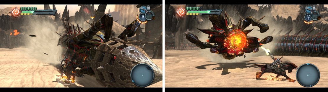 Attack the Stygian&rsquo;s face mask (left) to remove it. Shoot it in the mouth whilst running away (right) until it dies.