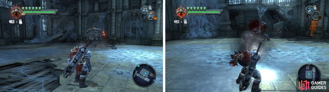 Open the chest (left) for the Abyssal Chain. Use the chain to remove the large spider&rsquo;s armour (right).