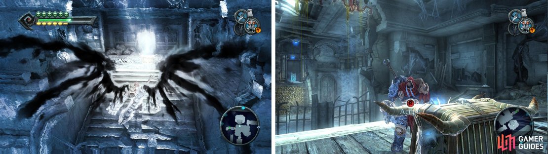 Hit the chronosphere and glide past the demonic Plants (left) for the Beholder&rsquo;s Key (right).