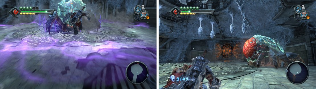 Double jump to avoid the spider&rsquo;s ground pound attack (left). Attack the weak spot on its back (right) when it is distracted.