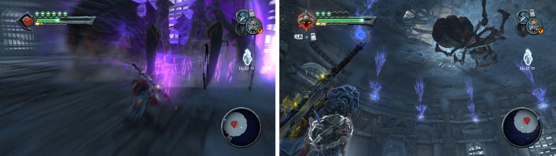 You&rsquo;ll need to keep dashing to avoid Silitha&rsquo;s charge and ground slam attacks (left). After she has taken enough damage grapple up to her at the top of the room (right).