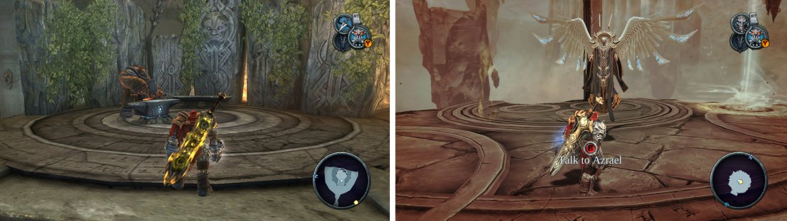 Take the Armageddon Blade Shards to Ulthane (left) and then speak with Azrael in Leviathan&rsquo;s Drift (right).