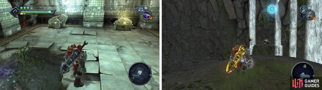The Hollows: by the switch to turn off the fan in the underwater tunnels (left). Anvil&rsquo;s Ford: on a small floating island on the west side of the map (right) you&rsquo;ll need the Abyssal Chain to reach it.