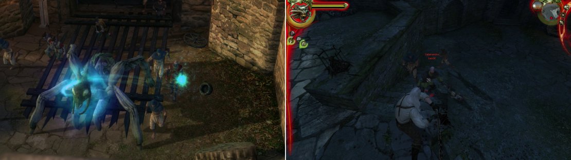 The Frightener&rsquo;s arrival, commanded by the mage Savolla, dispels any notion that Kaer Morhen is under attack by mere bandits (left). Use the Strong Style whenever you can, as it&rsquo;&lsquo;ll deal the most damage when it hits. Against faster foes, however, you&rsquo;ll have to settle for the Fast Style if you want to strike the enemy regularly (right).