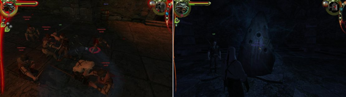 Use the Group Style when you&rsquo;re fighting three or more foes at once, as it&rsquo;ll do great damage in these situations (left). Activate the &ldquo;Circle of Whispering Stones&rdquo; to learn the Aard sign (right).