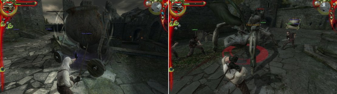 Ring the bell, then hit the &ldquo;Seige Cauldrons&rdquo; with the Aard sign (left) to leave the Frightener vulnerable (right).
