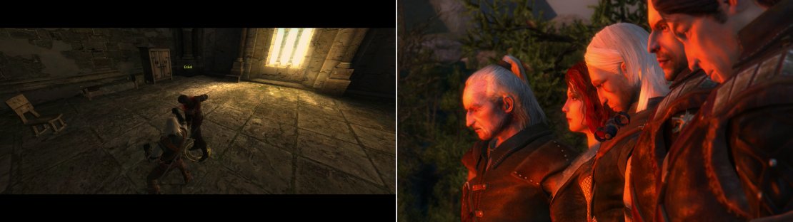 After helping Triss recover, visit Lambert for some boxing practice (left0, then, when ready, commit Leo&rsquo;s remains to the funeral pyre (right).