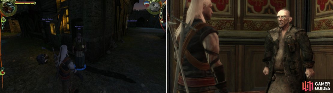 Visit Thaler at night to find a &ldquo;Mysterious Man&rdquo; loitering around outside&hellip; his presence is evidence that Thaler might be more than he seems (left). Drink, gamble, and chat with Thaler (right) to gain a useful book, as well as information about Berengar and the origin of your Silver Sword.