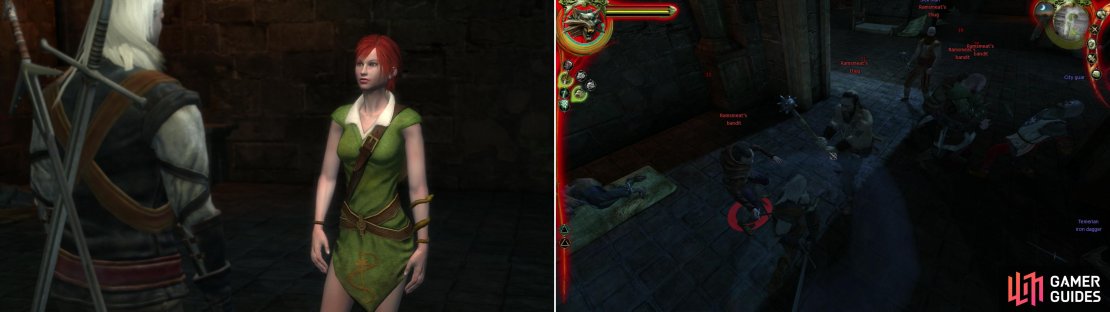 Reunite with your buddy Shani, and give her five Celandine herbs (left). Fight off some of Ramsmeat&rsquo;s thugs, who interrupt your attempt to interrogate the captive Salamander (right).